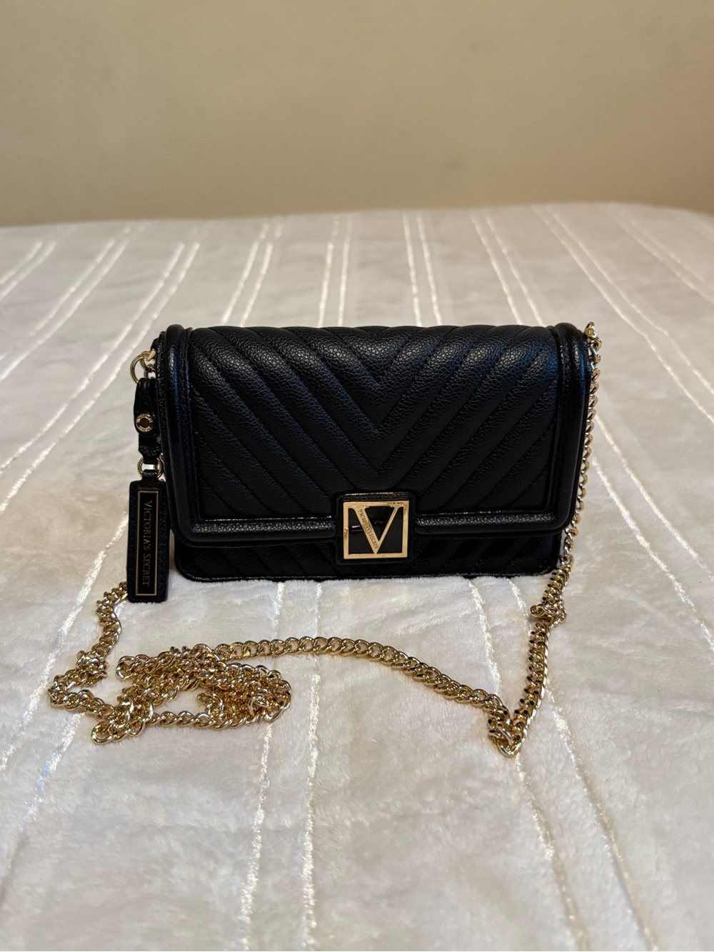 Victoria's Secret Black Quilted Crossbody with Gold Chain